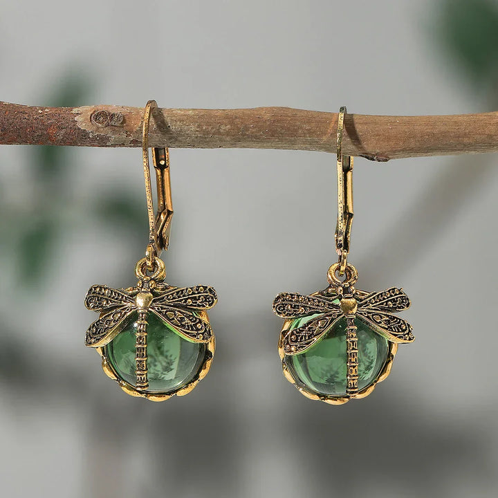 Antique Silver Dragonfly Sphere Earrings