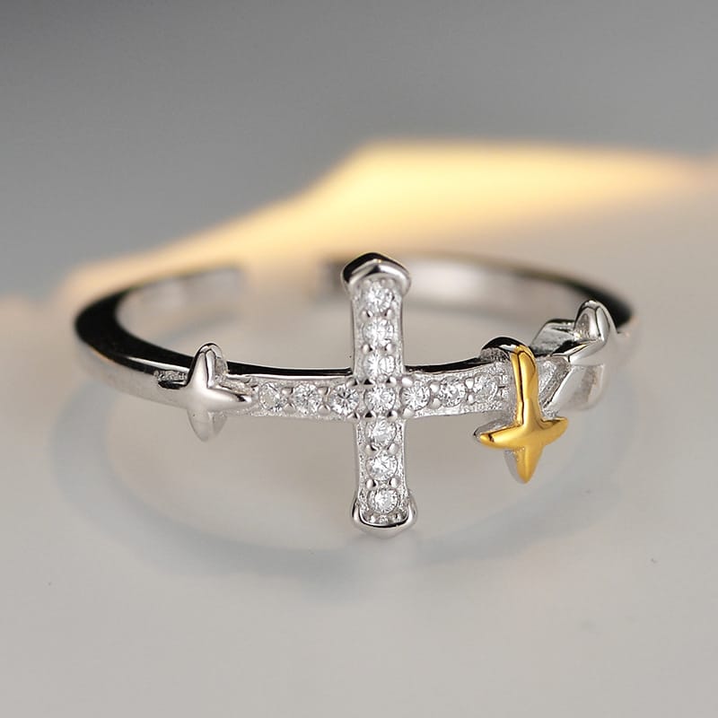 Adjustable Golden Star Cross Ring