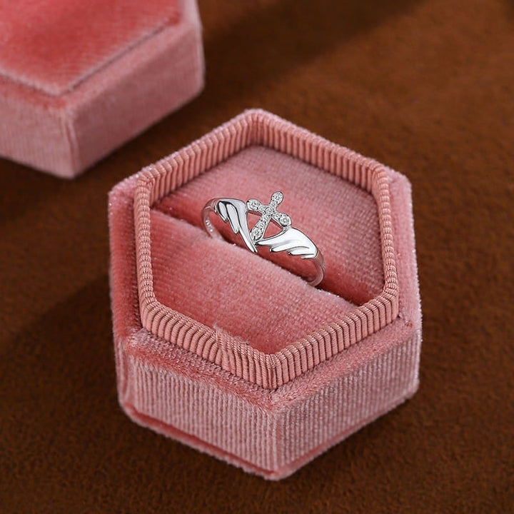 Adjustable Angel Wing Cross Ring with Zircon Diamonds