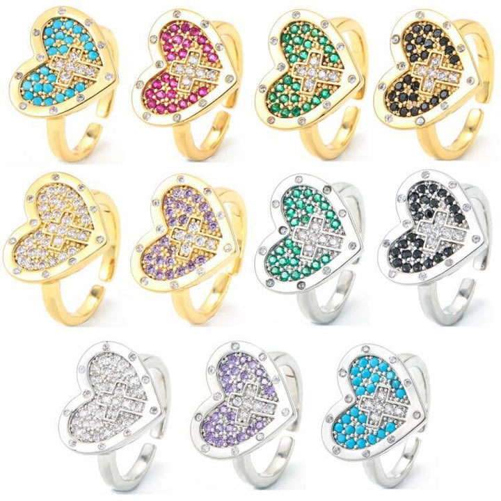 Adjustable Silver Heart and Colorful Cross Ring