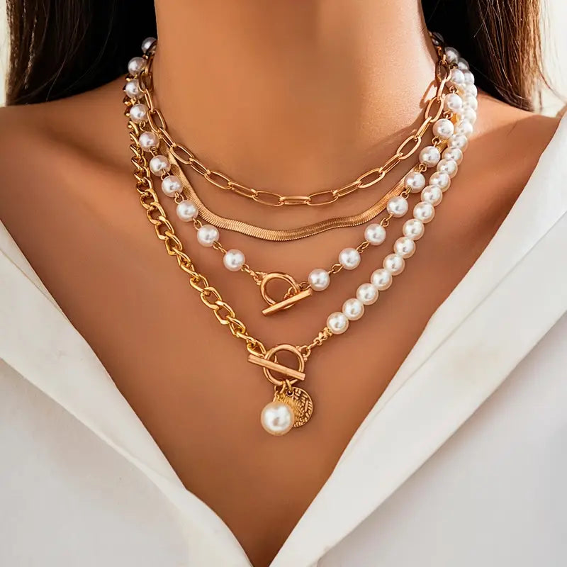 Gold Vintage Pearl & Snake Chain Necklace Set