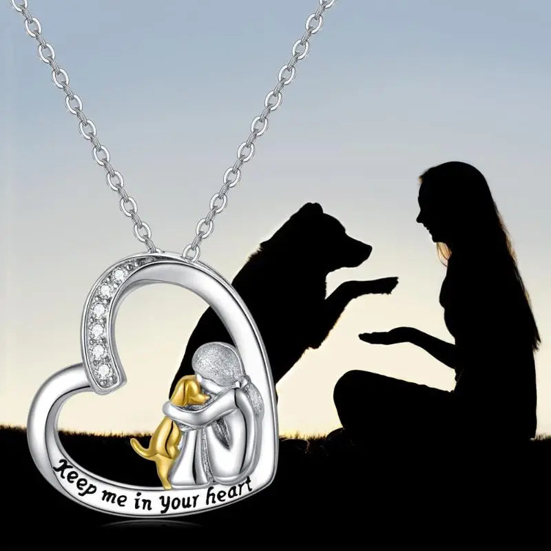 Silver Heart Necklace with Dog Charm and Zirconia Accents