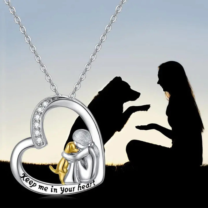 Silver Heart Necklace with Dog Charm and Zirconia Accents