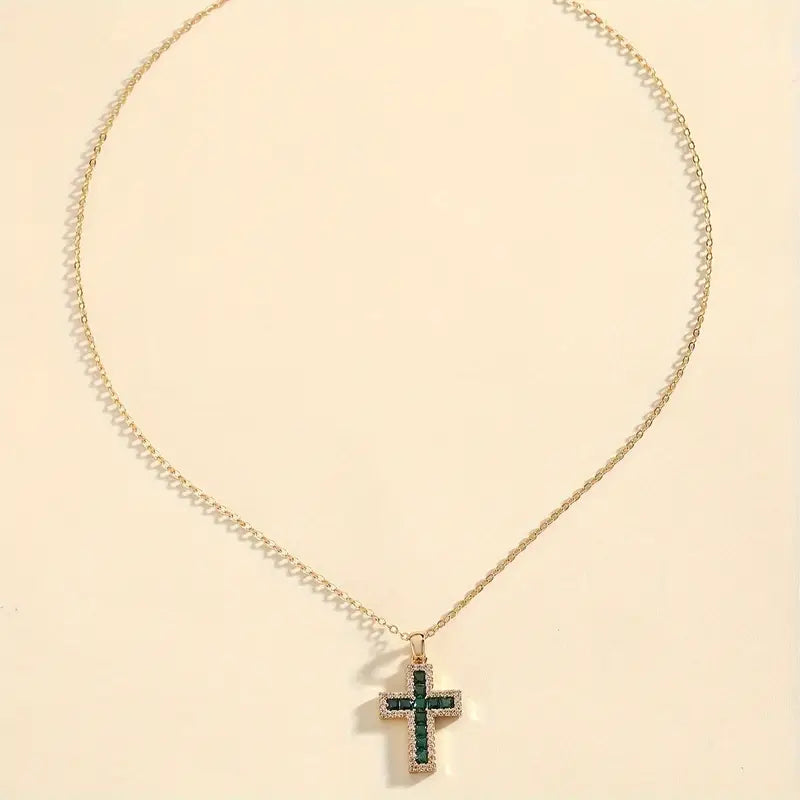 Elegant Gold Necklace with Emerald Cross Pendant