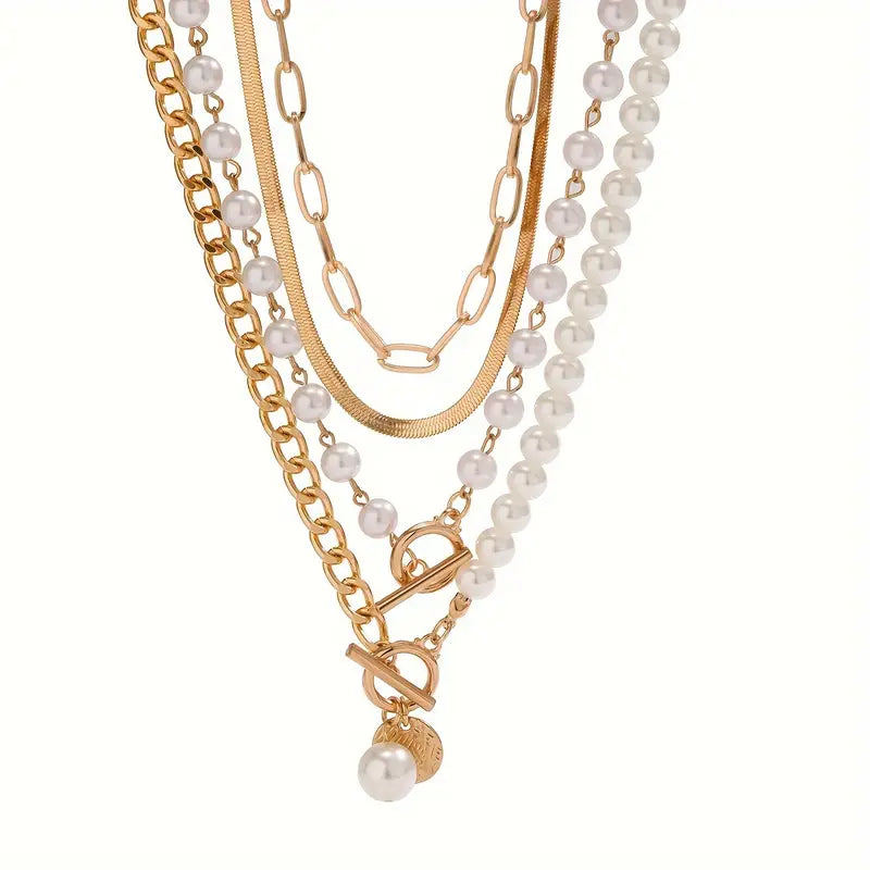 Gold Vintage Pearl & Snake Chain Necklace Set