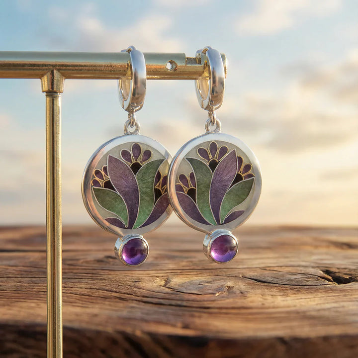 Sterling Silver Boho Earrings with Purple Crystals