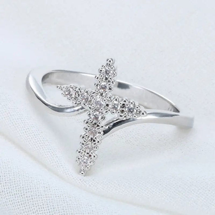 Zirconia-Studded Silver Cross Ring