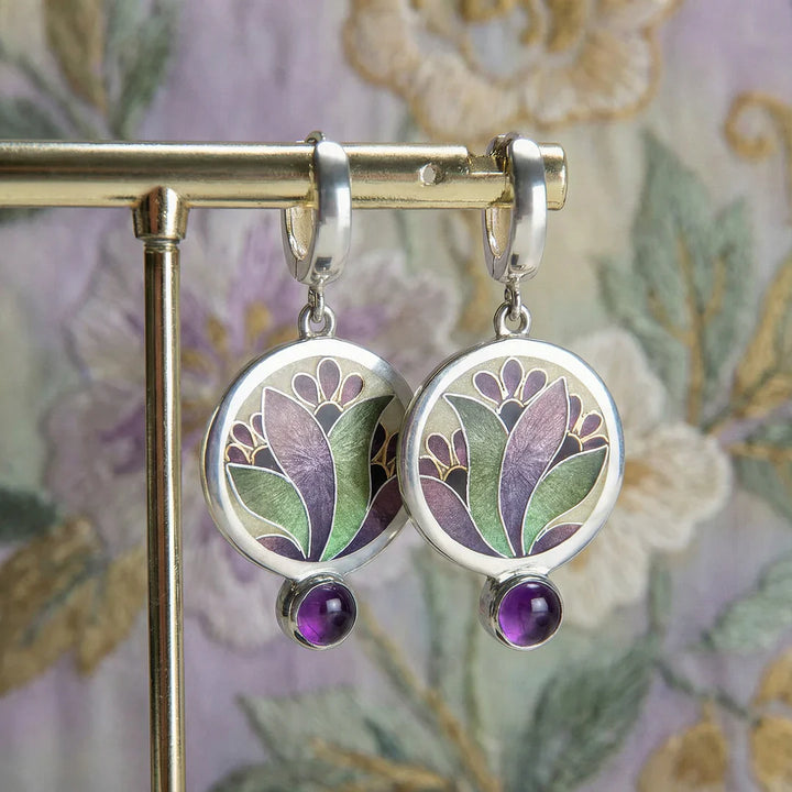 Sterling Silver Boho Earrings with Purple Crystals