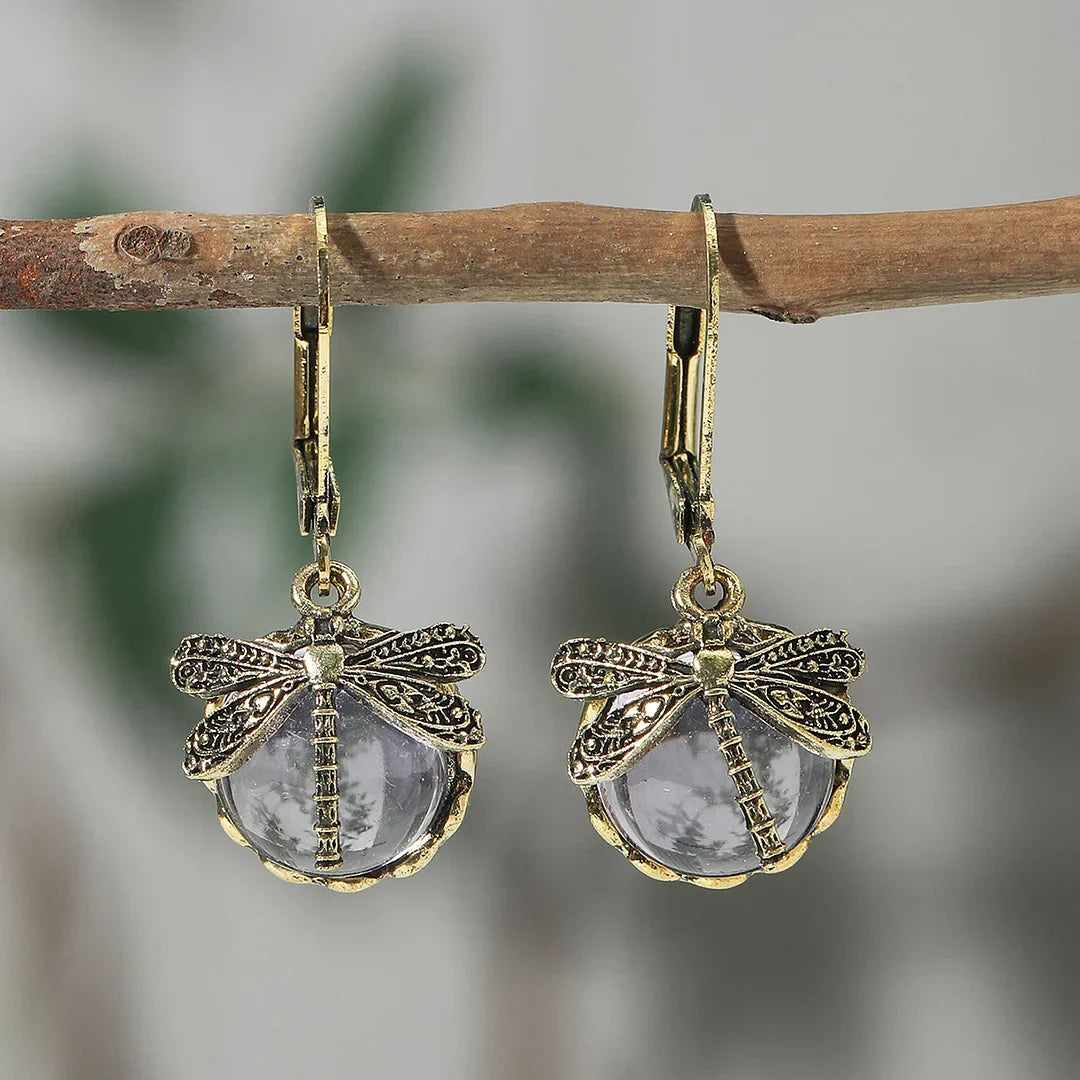Antique Silver Dragonfly Sphere Earrings