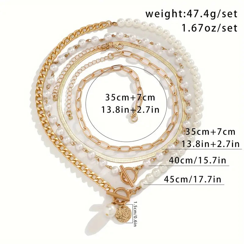 Gold Vintage Pearl & Snake Chain Necklace Set
