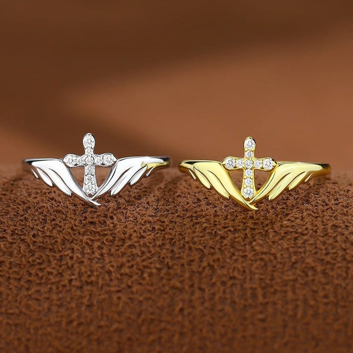 Adjustable Angel Wing Cross Ring with Zircon Diamonds