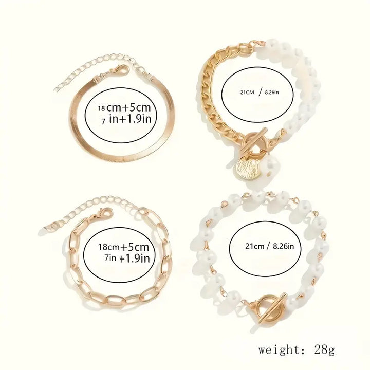 Gold Bracelet Set: 4-Piece with Snake, Pearls & Links