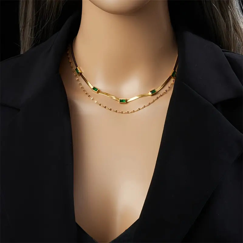 Vintage Emerald Double Gold Necklace