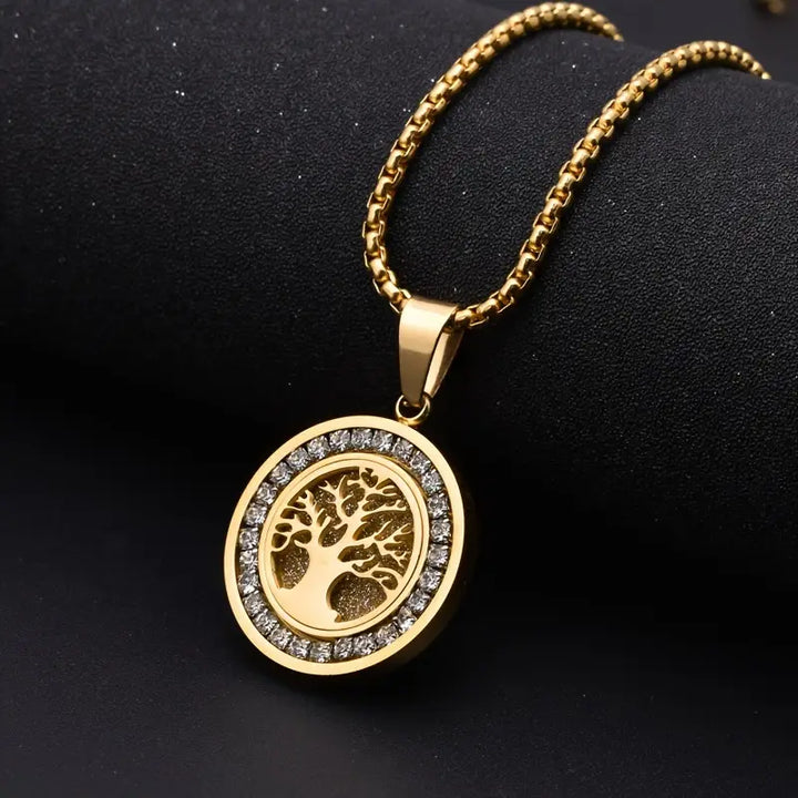 Luxurious Gold-Tone Tree of Life Necklace with Zirconia Accents