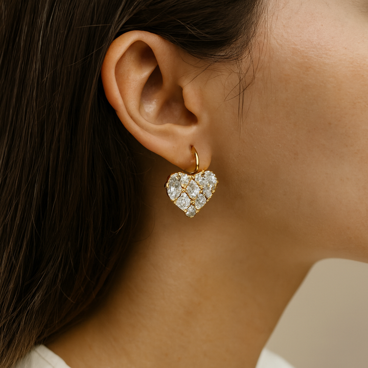 Vintage Gold Heart Earrings with Diamond Accent