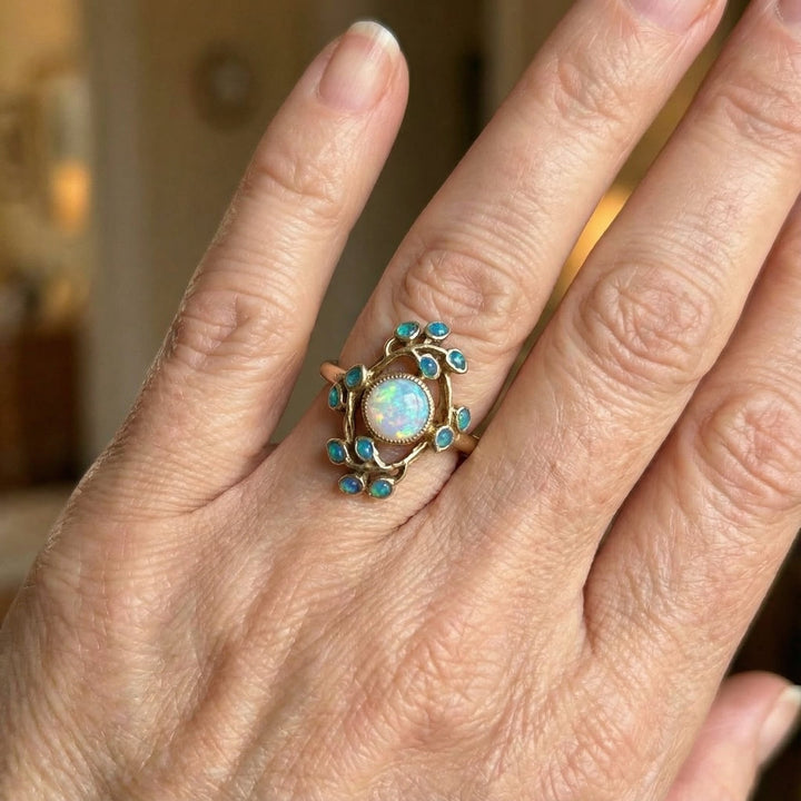 Vintage Blue Opal and Crystal Ring