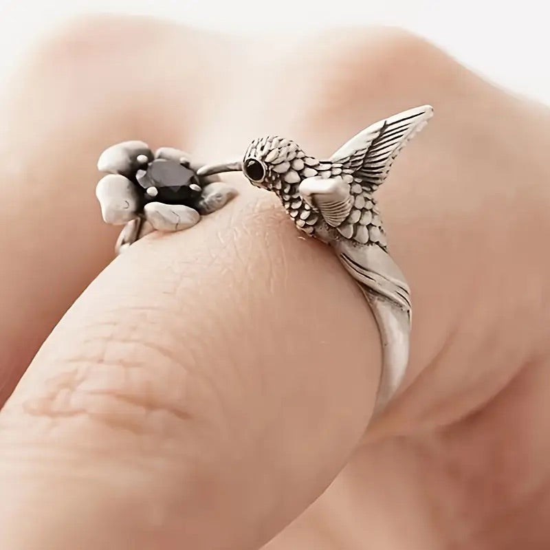 Adjustable Hummingbird & Flower Ring