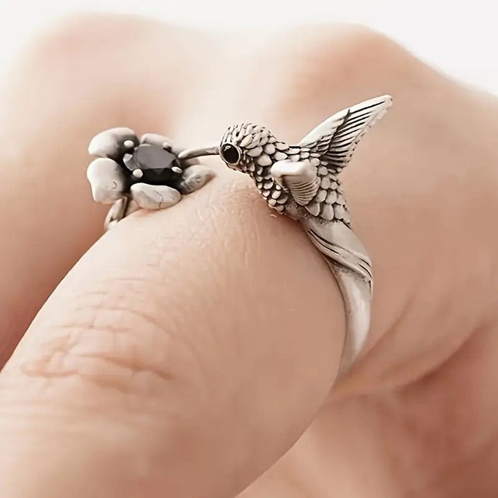 Adjustable Hummingbird & Flower Ring