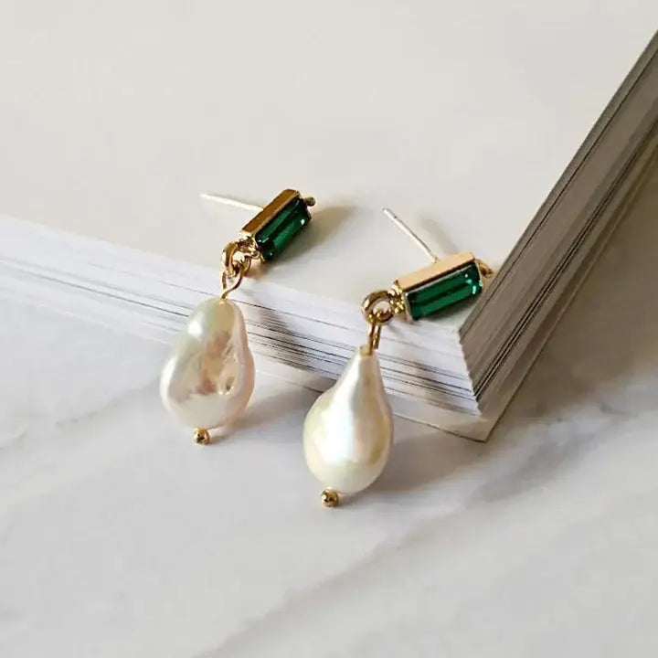 Gold Pearl and Emerald Earrings