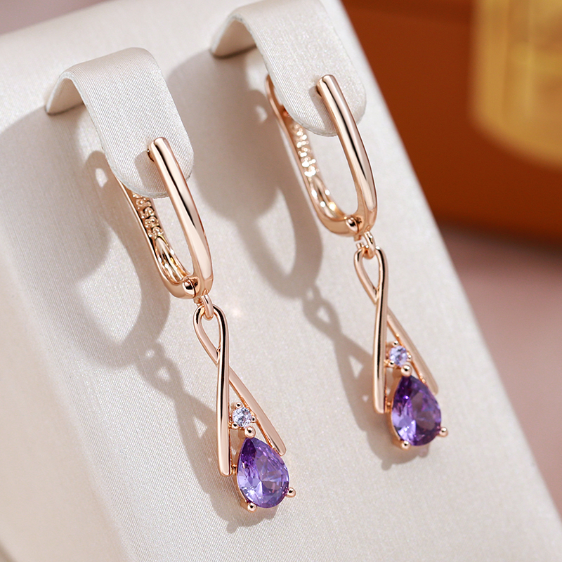 Gold Dangling Earrings with Purple Cubic Zirconia