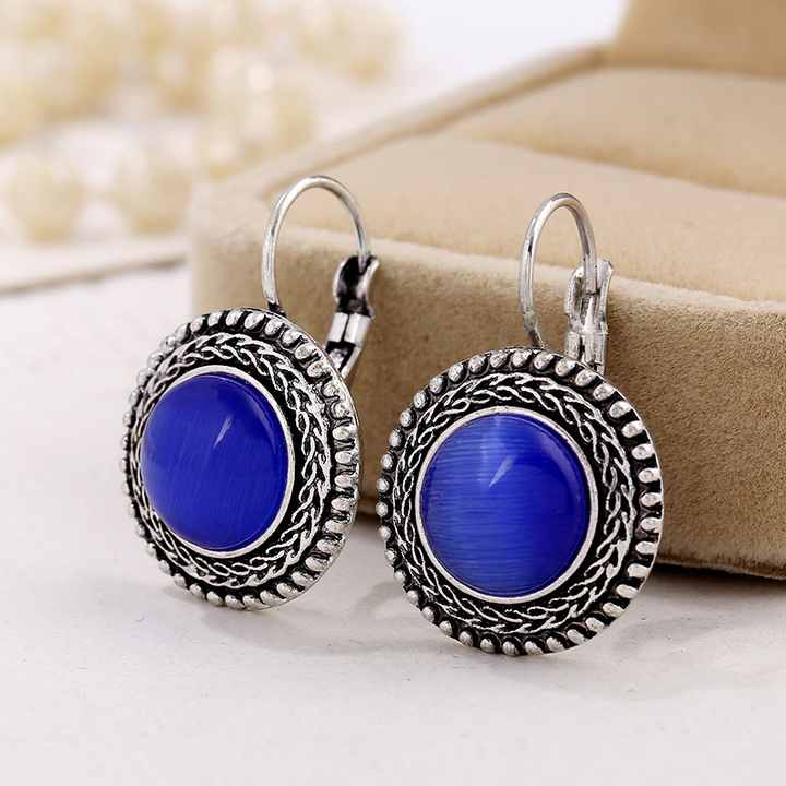 Boho Silver Round Stone Earrings