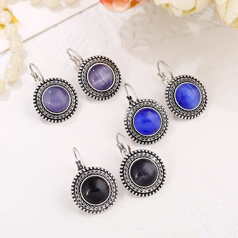 Boho Silver Earrings with Round Gemstones