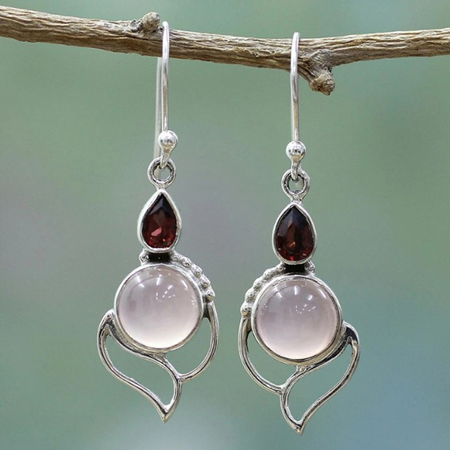 Vintage Silver Moonstone & Red Crystal Earrings