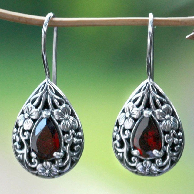 Vintage Silver Earrings with Red Crystals