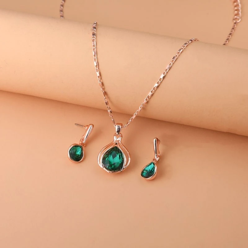 Green Crystal and Gold Necklace & Earring Set