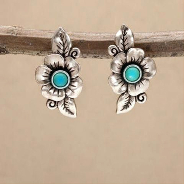 Sterling Silver Boho Earrings with Blue Opal Flower