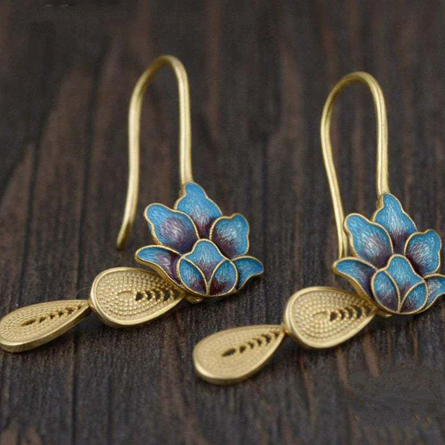 Gold Blue Lotus Boho Earrings