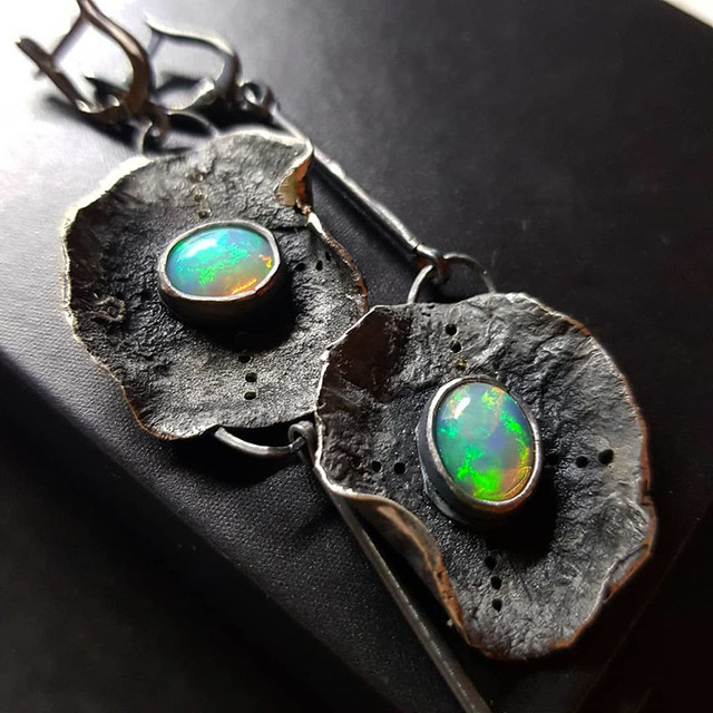 Silver Boho Earrings with Green Opal