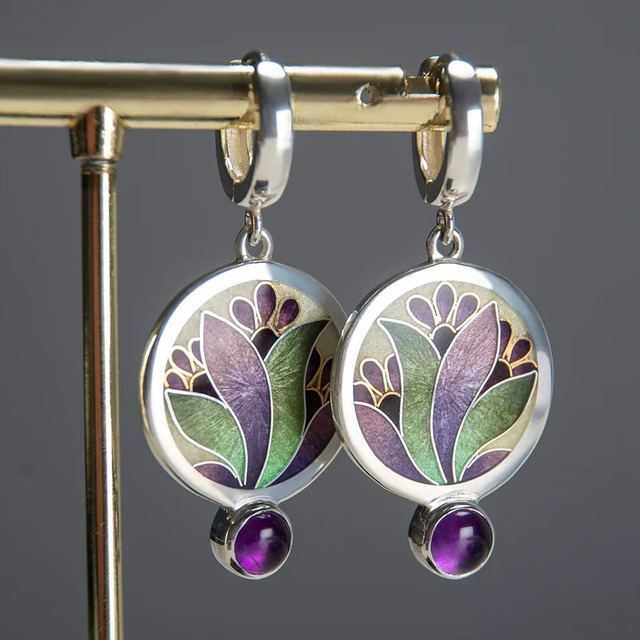 Sterling Silver Boho Earrings with Purple Crystals