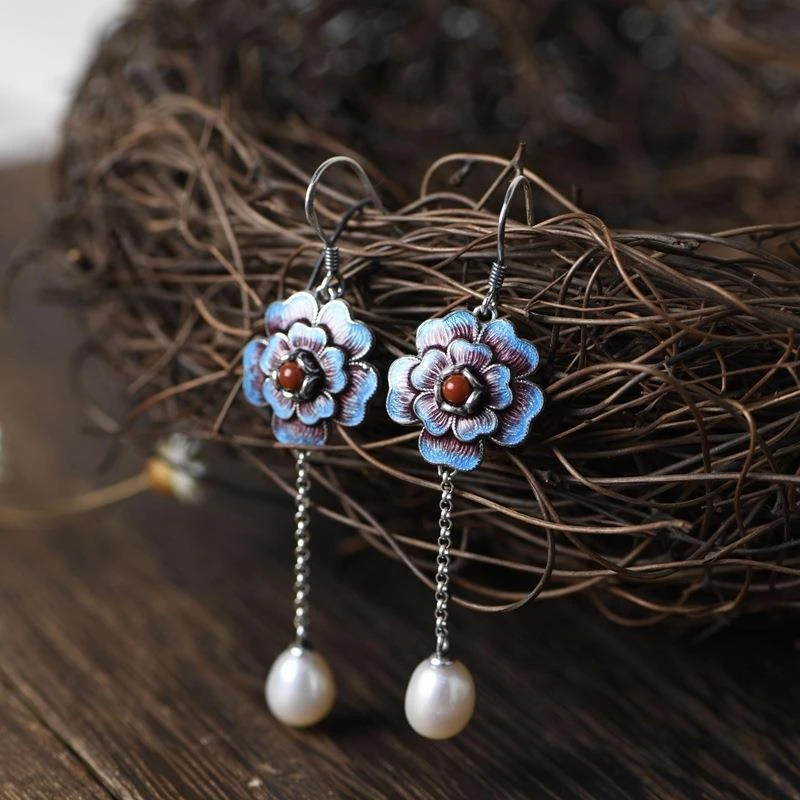 Vintage Blue Floral Pearl Earrings