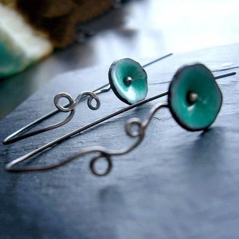 Vintage Flower Enamel Earrings with Green Accents