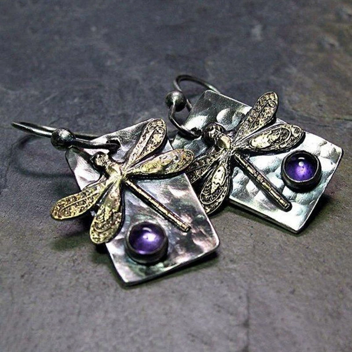 Vintage Dragonfly Earrings with Purple Crystals