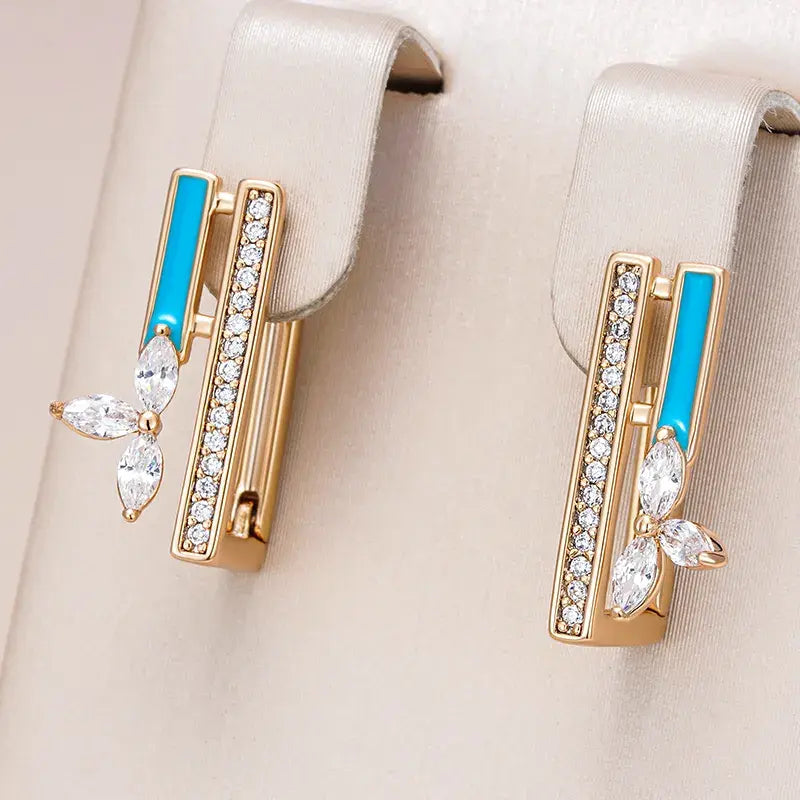 Chic Blue Enamel Earrings with Gold Zirconia