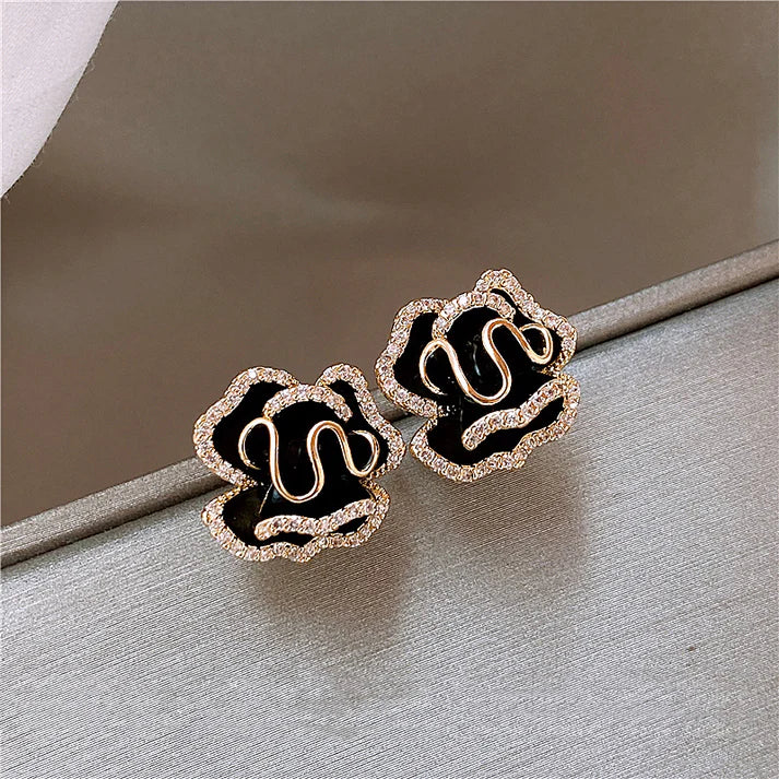 Gold Elegant Black Lotus Earrings