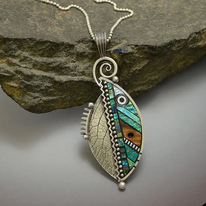 Vintage Silver Crystal Necklace with Green Leaf