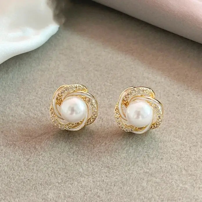 Elegant Gold Spiral Pearl Earrings with Zirconia Accents