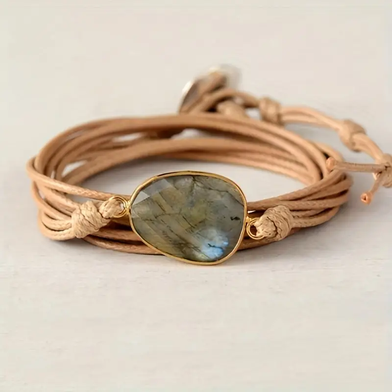 Vintage Stone-Embellished Leather Bracelet