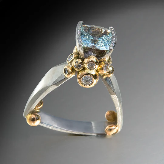 Vintage Gold and Silver Ring with Blue CZ