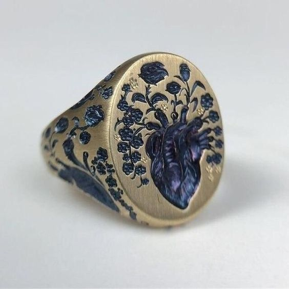Gold Vintage Ring with Blue Floral Design