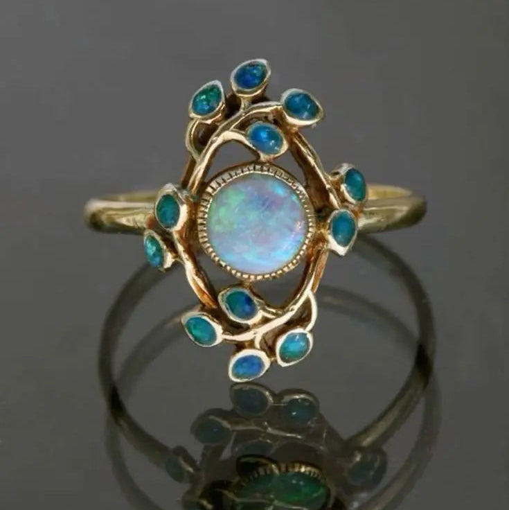 Vintage Blue Opal and Crystal Ring