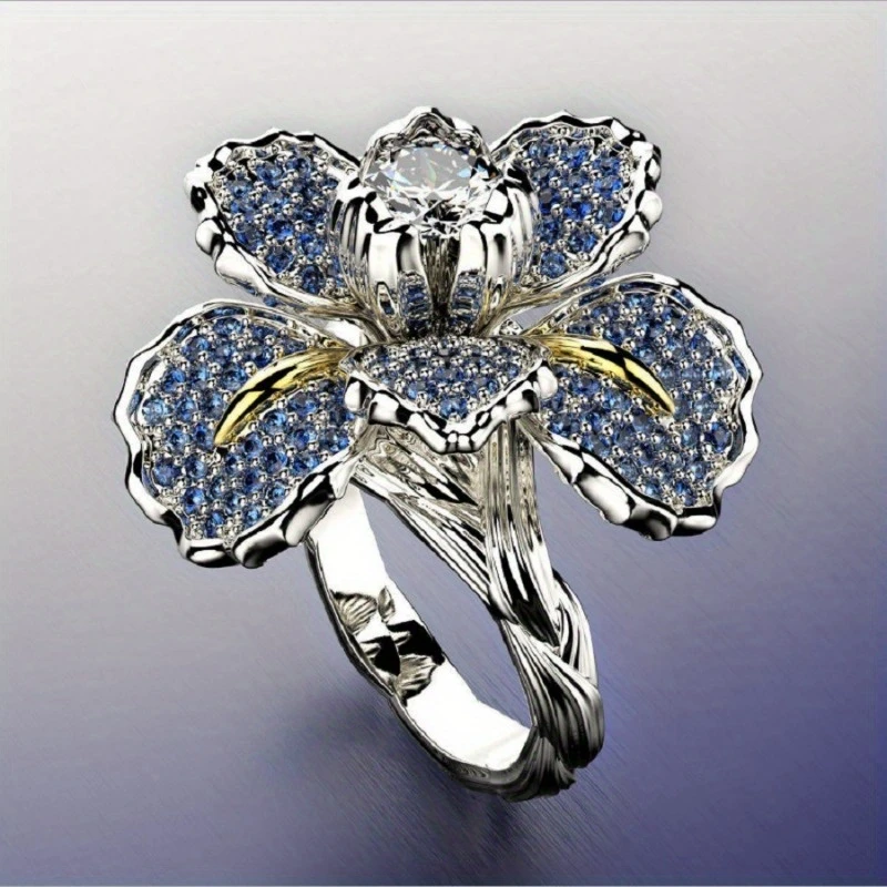 Blue Flower Crystal Silver Ring