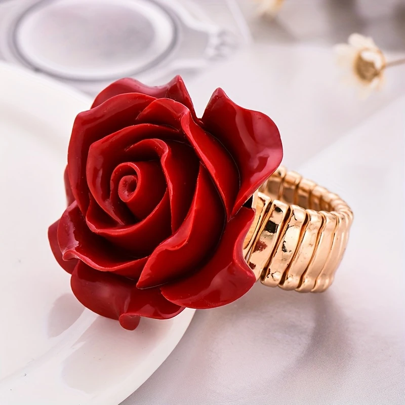 Rose Gold Ring with Red Rose Accent