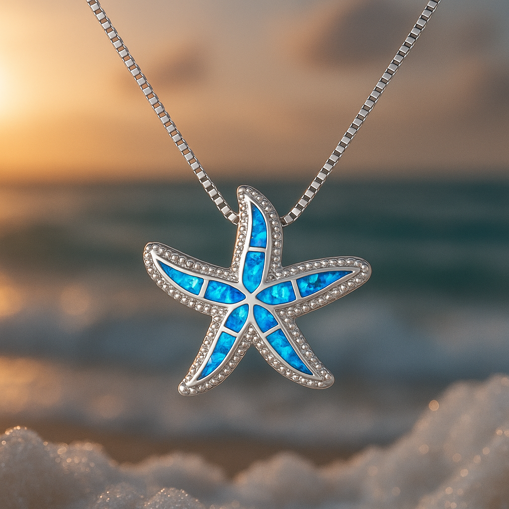 Silver Necklace with Vibrant Blue Starfish and Opal