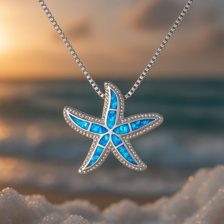 Silver Necklace with Vibrant Blue Starfish and Opal