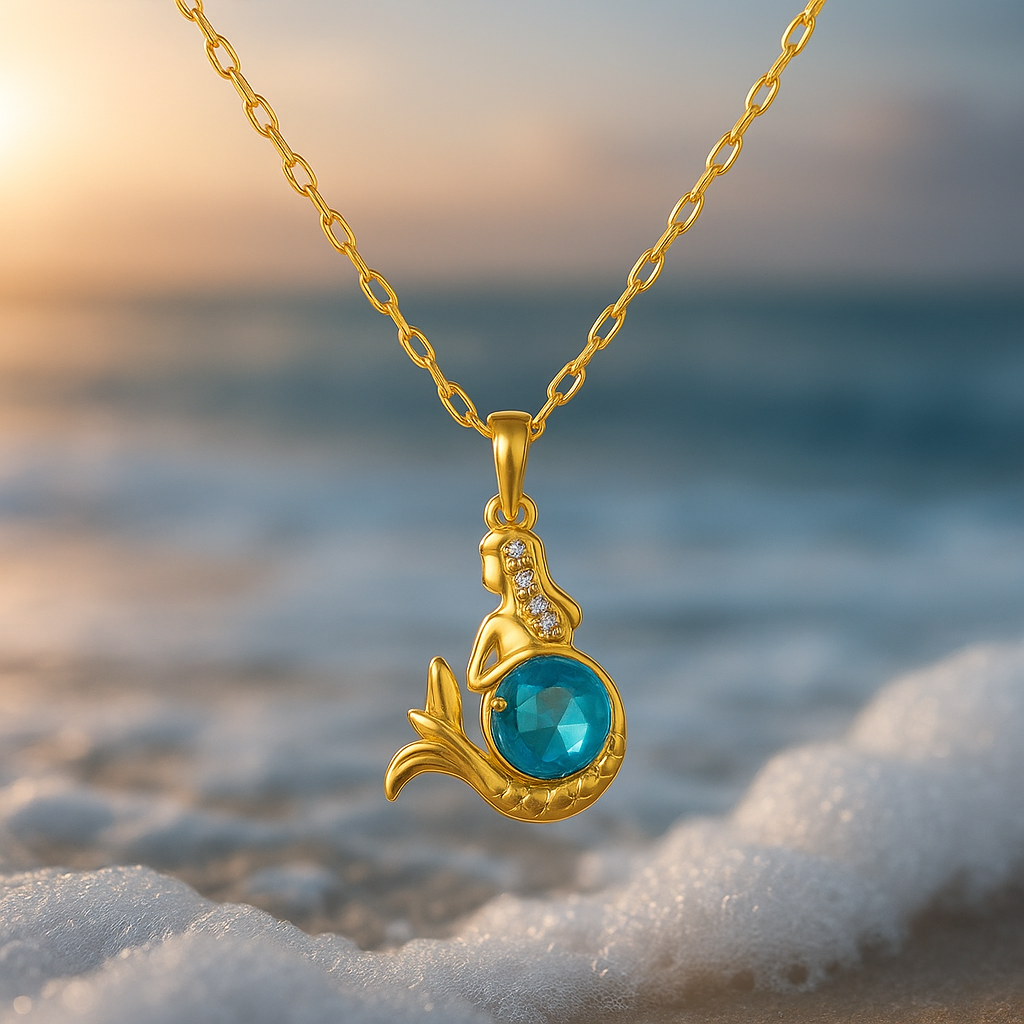 Blue Crystal Mermaid Necklace in Gold