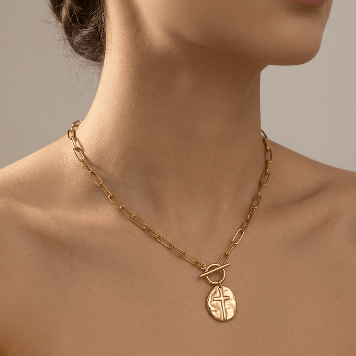 Cross Coin Necklace in Paperclip Style